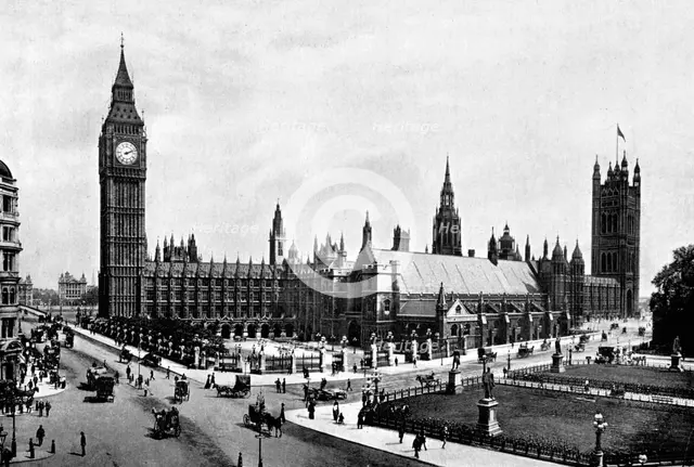 The Houses of Parliament and Westminster Hall seen from Parliament Square, London, c1905.Artist: London Stereoscopic & Photographic Co