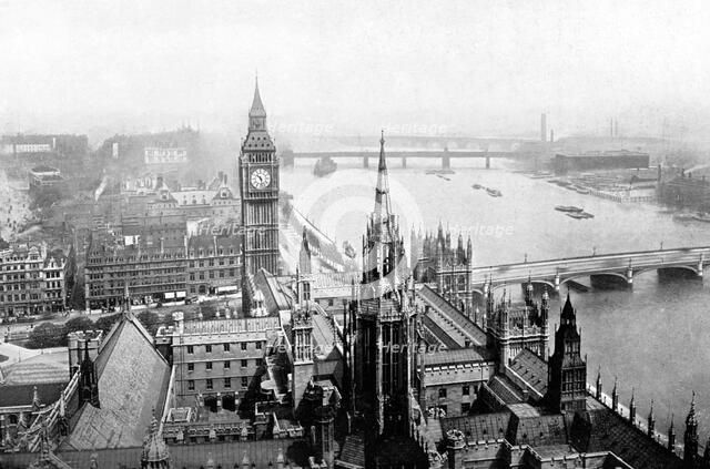 The Houses of Parliament, as seen from Victoria Tower, Westminster, London, c1905. Artist: Unknown