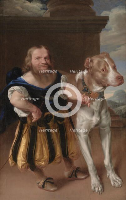 The Italian Dwarf Giacomo Favorchi Attending the Elector of Saxony with the dog Raro, 1663-1666. Creators: Abraham Wuchters, Karel van Mander III.