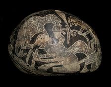 The ica stone. A dinosaur killing a man. Creator: The Ica stones