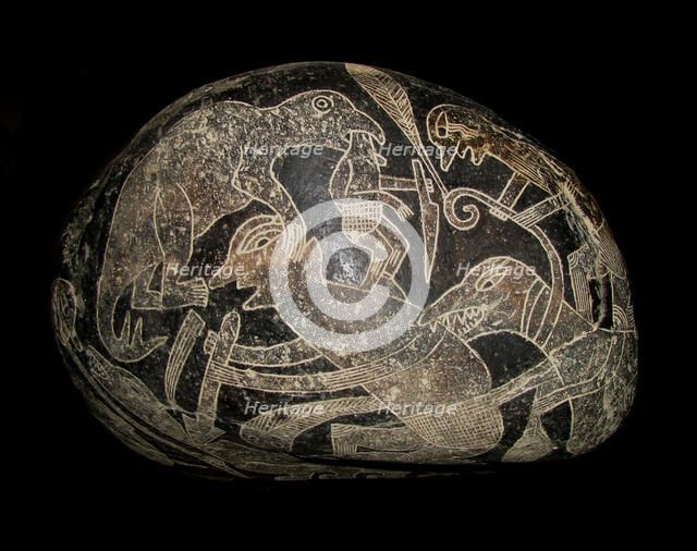 The ica stone. A dinosaur killing a man. Creator: The Ica stones.