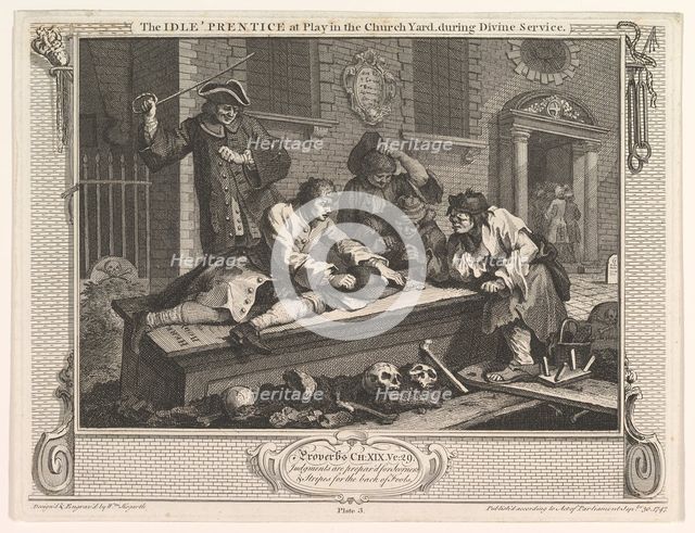 The Idle 'Prentice at Play in the Church Yard (Industry and Idleness, plate 3), September 30, 1747. Creator: William Hogarth.