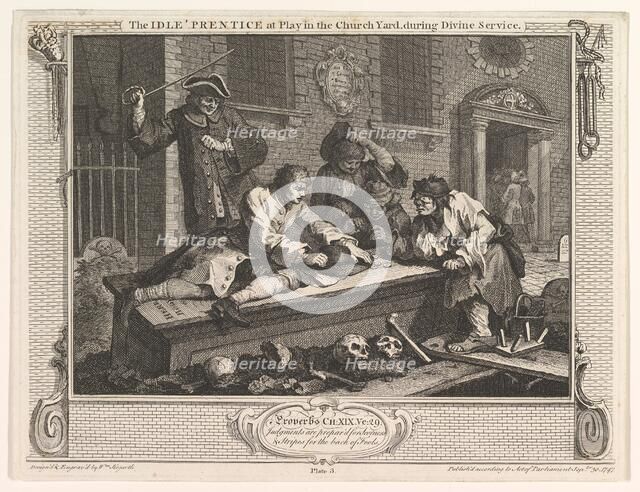 The Idle 'Prentice at Play in the Church Yard (Industry and Idleness, plate 3), September 30, 1747. Creator: William Hogarth.