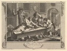 The Idle Prentice at Play in the Churchyard: Industry and Idleness, plate 3, September 30, 1747. Creator: William Hogarth