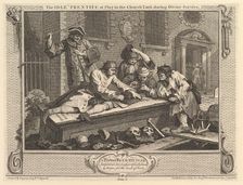 The Idle Prentice at Play in the Churchyard: Industry and Idleness, plate 3, September 30, 1747. Creator: William Hogarth