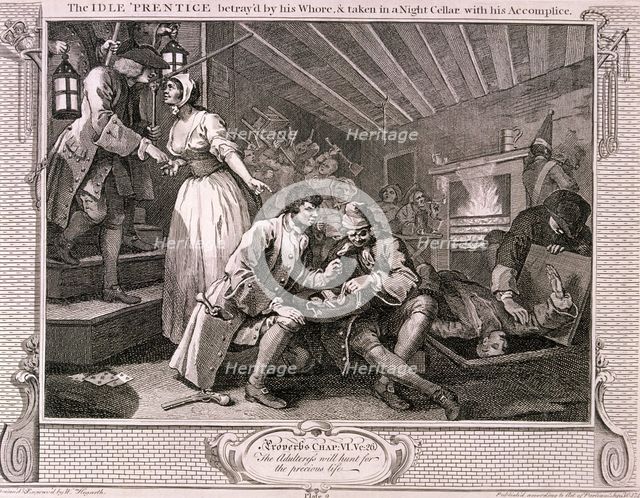 'The idle 'prentice betray'd by his whore ...', plate IX of Industry and Idleness, 1747. Artist: William Hogarth