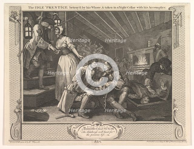 The Idle 'Prentice Betrayed by his Whore and Taken in a Night Cellar with hi..., September 30, 1747. Creator: William Hogarth.