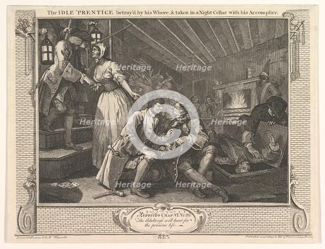 The Idle 'Prentice Betrayed by his Whore and Taken in a Night Cellar with hi..., September 30, 1747. Creator: William Hogarth.