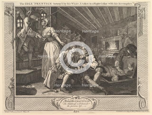 The Idle 'Prentice Betrayed by his Whore and Taken into a Night Cellar with ..., September 30, 1747. Creator: William Hogarth.