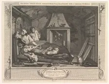 The Idle Prentice Returned from Sea and in a Garret with a Common Prostitute..., December 30, 1747. Creator: William Hogarth