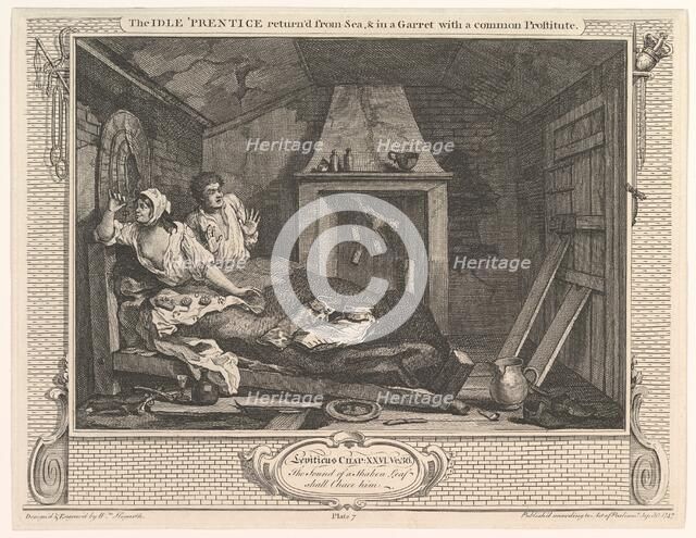 The Idle 'Prentice Returned from Sea and in a Garret with a Common Prostitute..., December 30, 1747. Creator: William Hogarth.