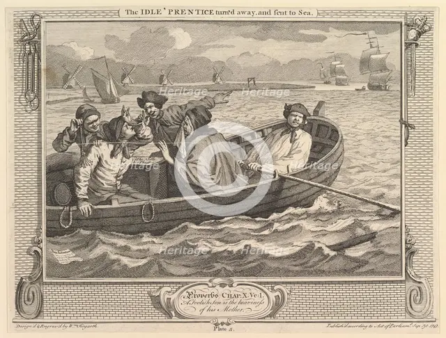 The Idle 'Prentice Turned Away and Sent to Sea: Industry and Idleness, plate 5, September 30, 1747. Creator: William Hogarth.