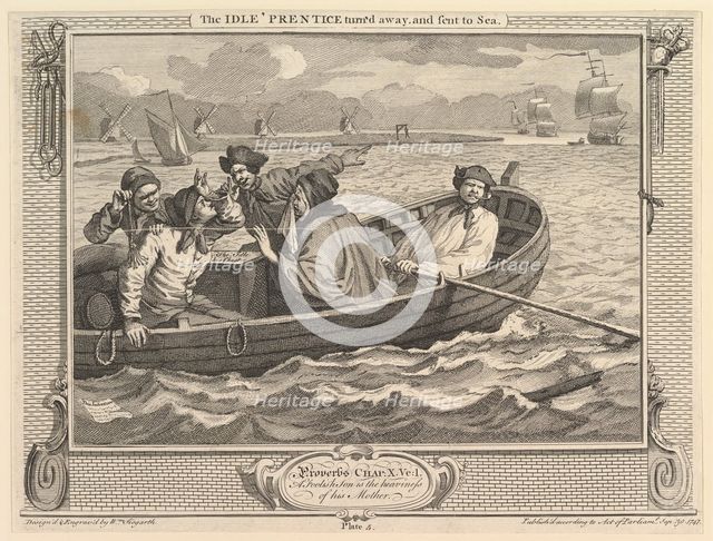 The Idle 'Prentice Turned Away and Sent to Sea: Industry and Idleness, plate 5, September 30, 1747. Creator: William Hogarth.