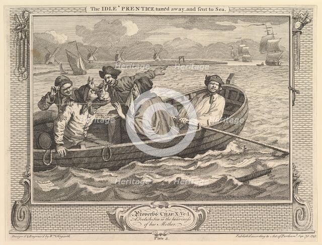 The Idle 'Prentice Turned Away and Sent to Sea: Industry and Idleness, plate 5, September 30, 1747. Creator: William Hogarth.