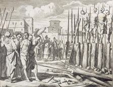 The Impaling of Some rebells? Punishment: Massacre by impalement, pub. 1672. Creator: Philip Baldaeus (1632-1672)