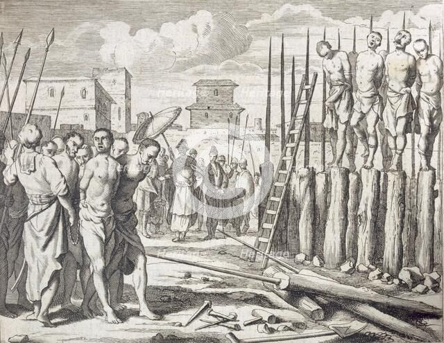 The Impaling of Some rebells?', Punishment: Massacre by impalement, pub. 1672. Creator: Philip Baldaeus (1632-1672).