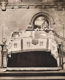 The Imperial Crown, The Orb, and the Sceptre on King George's coffin in Westminster Hall 1936