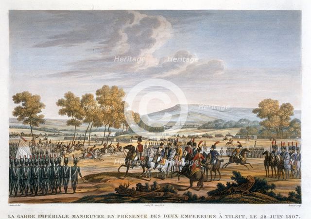 'The Imperial Guard Manoeuvring in the Presence of the Two Emperors at Tilsit, 28 June 1807'.  Artist: Edme Bovinet