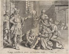 The Imprisoned Servant, from The Parable of the Unmerciful Servant, bound in Thesaurus Sac..., 1585. Creator: Anon