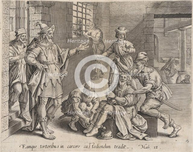 The Imprisoned Servant, from The Parable of the Unmerciful Servant, bound in Thesaurus Sac..., 1585. Creator: Anon.