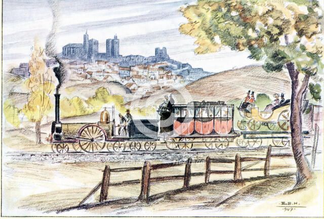 The inaugural train of the line from Madrid to Zaragoza in 1859, passing by Siguenza, drawing by …