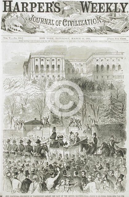 The Inaugural Procession at Washington, Passing the Gate of the Capitol Grounds, 1861. Creator: Unknown.