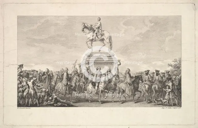 The Inauguration of the Statue of Louis XV, Vignette on page 1, from Description des Trava..., 1766. Creator: Augustin de Saint-Aubin.