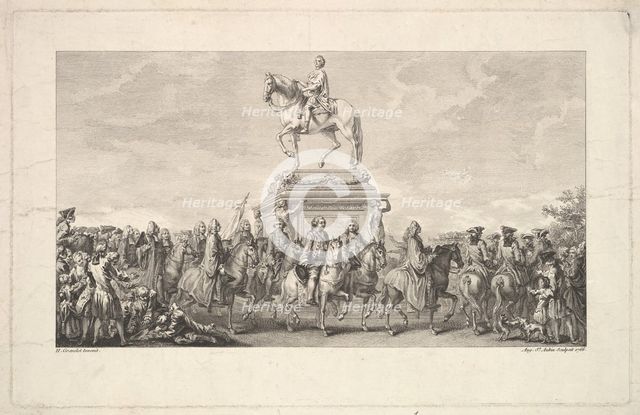 The Inauguration of the Statue of Louis XV, Vignette on page 1, from Description des Trava..., 1766. Creator: Augustin de Saint-Aubin.