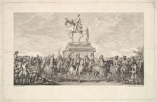 The Inauguration of the Statue of Louis XV, Vignette on page 1, from Description des Trava..., 1766. Creator: Augustin de Saint-Aubin