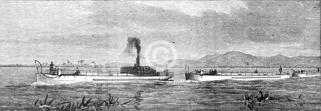 The Indian Famine: steam-tugs and lighters for conveying grain, 1874. Creator: Unknown.