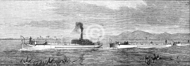 The Indian Famine: steam-tugs and lighters for conveying grain, 1874. Creator: Unknown.