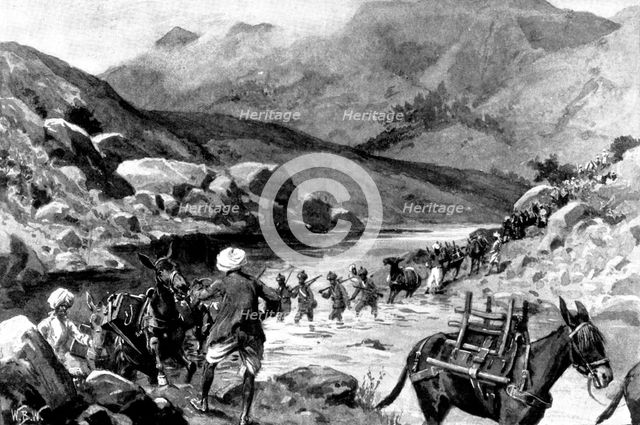 The Indian Frontier Rising:...Bengal Sappers and Miners fording the Mastura River, 1898. Creator: William Barnes Wollen.