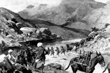 The Indian Frontier Rising:...Bengal Sappers and Miners fording the Mastura River, 1898. Creator: William Barnes Wollen