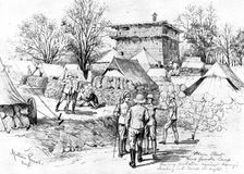 The Indian Frontier Rising: headquarters camp at Bagh, protected against the enemy's fire..., 1898. Creator: Unknown