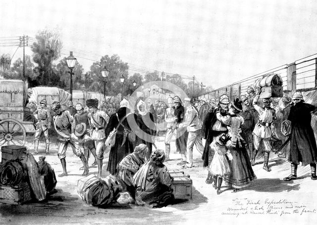 The Indian Frontier Rising: wounded and sick officers and men arriving at Rawal Pindi..., 1898. Creator: Unknown.