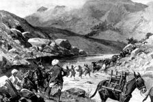 The Indian Frontier Rising:...Bengal Sappers and Miners fording the Mastura River, 1898. Creator: William Barnes Wollen