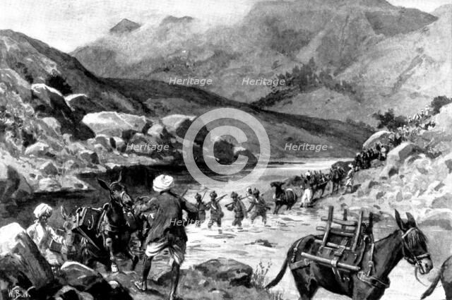 The Indian Frontier Rising:...Bengal Sappers and Miners fording the Mastura River, 1898. Creator: William Barnes Wollen.