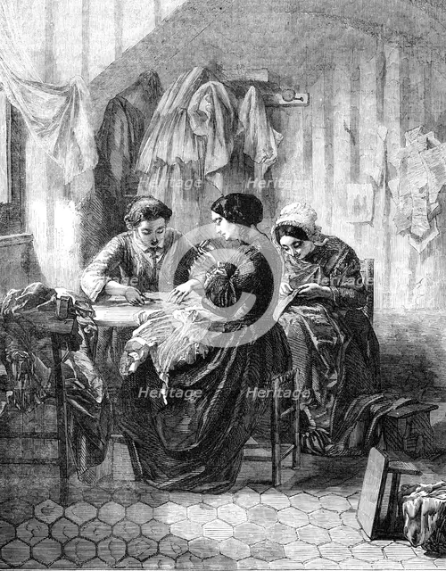 "The Industrious Needlewomen" - painted by M. Trayer - from the Exhibition of French Artists, 1856.  Creator: Unknown.