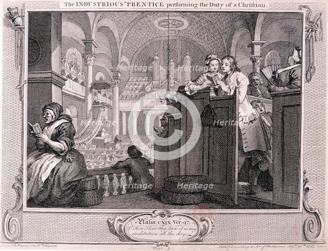 'The industrious 'prentice performing the duty of a christian', from Industry and Idleness 1747. Artist: William Hogarth