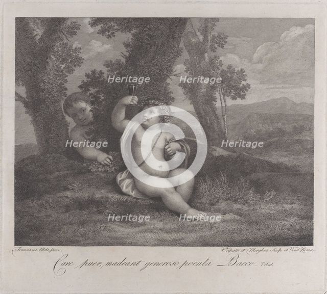 The infant Bacchus seated under a tree, holding up a wine glass, with another infant behin..., 1780. Creators: Raphael Morghen, Giovanni Volpato.