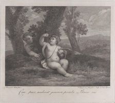 The infant Bacchus seated under a tree, holding up a wine glass, with another infant behin..., 1780. Creators: Raphael Morghen, Giovanni Volpato
