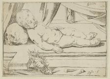 The infant Christ asleep on a cross, his head resting on a skull, a crown of thorn..., 17th century. Creator: Anon