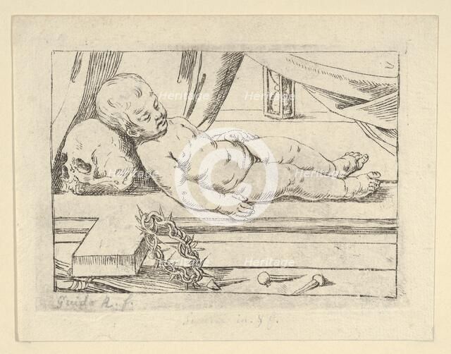 The infant Christ asleep on a cross, his head resting on a skull, a crown of thorn..., 17th century. Creator: Anon.