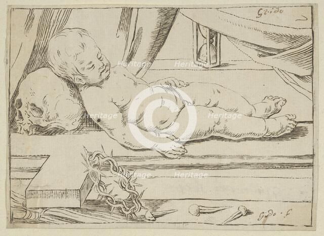 The infant Christ asleep on a cross, his head resting on a skull, a crown of thorn..., 17th century. Creator: Anon.