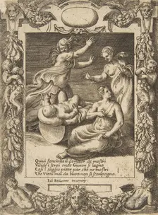 The infant Hercules killing the snakes, set within an elaborate frame, from the Loves,..., 1531-76. Creator: Giulio Bonasone