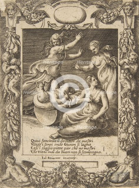 The infant Hercules killing the snakes, set within an elaborate frame, from the 'Loves,..., 1531-76. Creator: Giulio Bonasone.