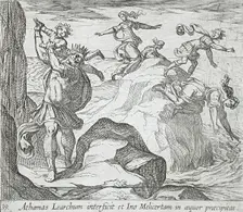 The Insane Athamas Killing Learchus, While Ino and Melicertes Jump into the Sea, published 1606. Creators: Antonio Tempesta, Wilhelm Janson