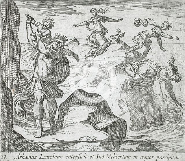 The Insane Athamas Killing Learchus, While Ino and Melicertes Jump into the Sea, published 1606. Creators: Antonio Tempesta, Wilhelm Janson.