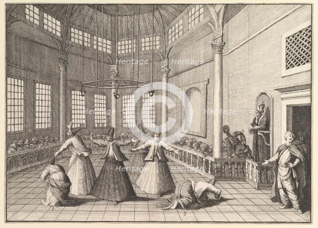 The Inside of a Mosque, the Dervishes Dancing (Aubry de La Mottraye's "Travels througho..., 1723-24. Creator: William Hogarth.