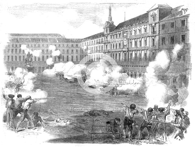 The Insurrection in Madrid - Conflict in the Plaza Mayor, 1854. Creator: Unknown.